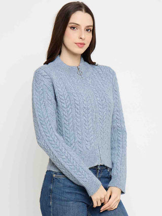 Madame Cable Knit Zip Blue Sweater