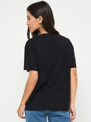 Madame Graphic Print Embellishment Black Cotton T-Shirt