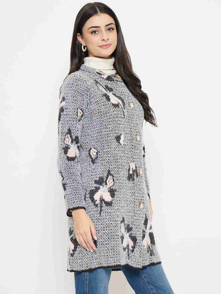 Madame Floral Print Button-Front Black Cardigan worn by a woman, featuring a stylish floral design and button details.