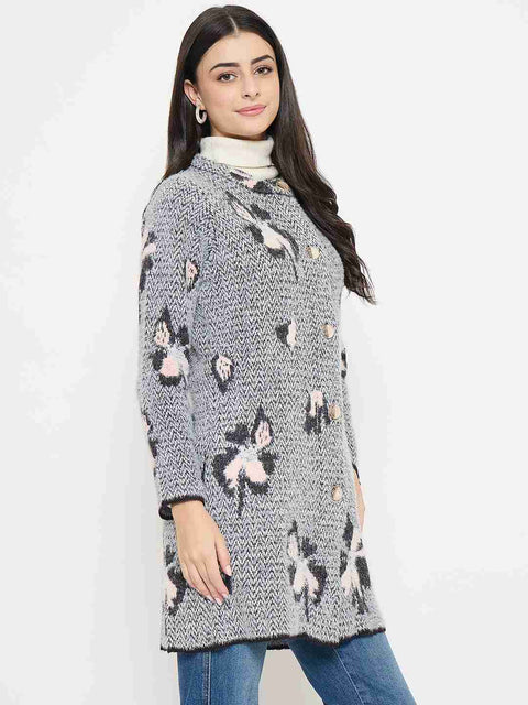 Madame Floral Print Button-Front Black Cardigan worn by a woman, featuring a stylish floral design and button details.