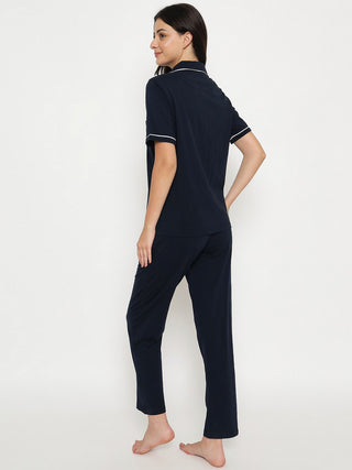mSECRET Embossed Top and Bottom Navy Blue Cotton Night Suit