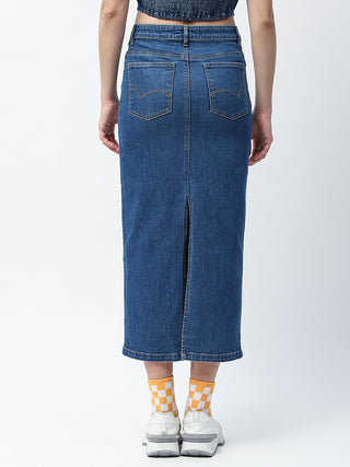 Madame Solid Mid Blue Cotton Blend Maxi Denim Skirt