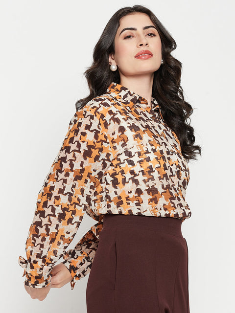 Madame Printed Beige Shirt With Cuff Sleeves