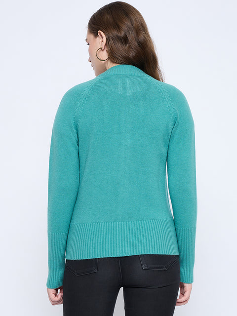 Madame Solid Sea Green Acrylic Zipped Sweater