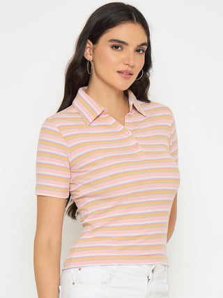 Madame Rayon Blend Striped Pink Polo T-shirt
