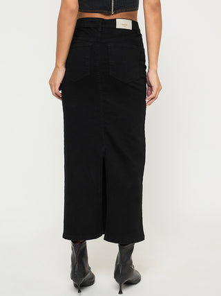 Madame Solid Jet Black Cotton Blend Maxi Denim Skirt