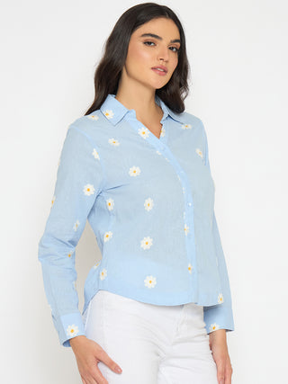 Madame Floral Embroidery Blue Cotton Shirt
