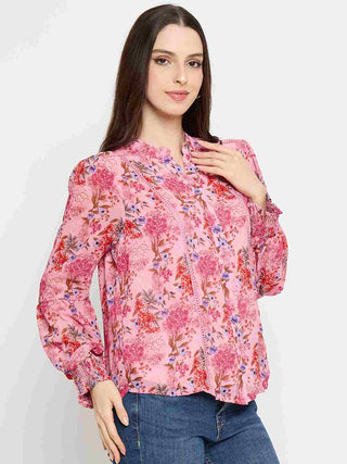 Madame Floral Print Lace Detailed Pink Top