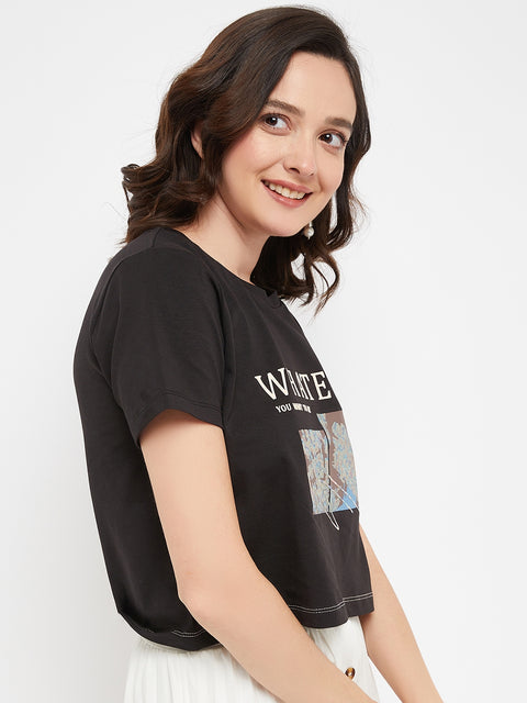 Madame Black Typography Cotton T-Shirt