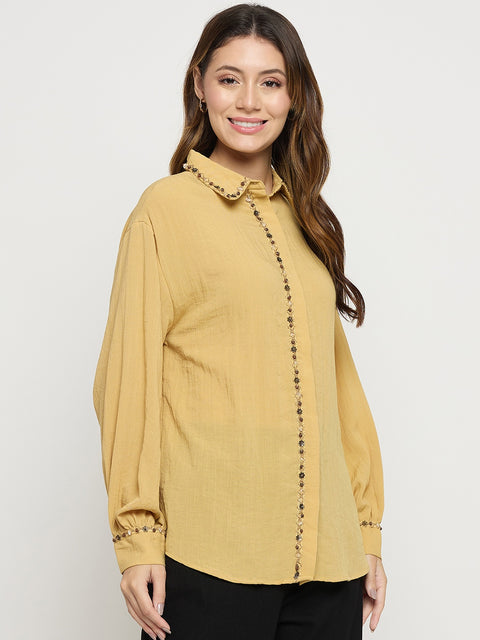 Madame Yellow Embellished Rayon Full Sleeve Shirt