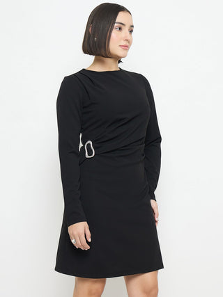 Madame Side Buckle Detail Black Mini Dress