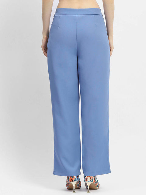 Madame Solid Blue Straight Fit Trousers