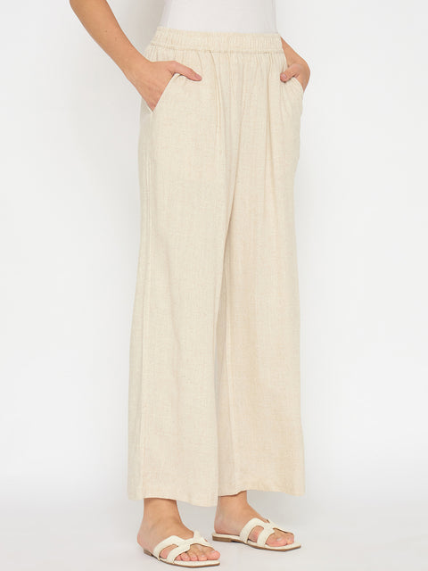 Madame Straight Fit Solid Beige Rayon Blend Trousers