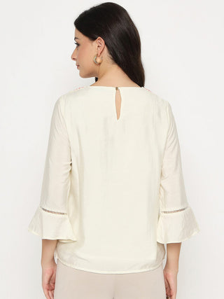 Madame Embroidered Neckline Rayon Blend Beige Top