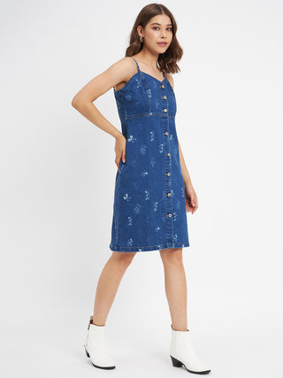 Madame Cartoon Printed Blue Cotton Midi Dress