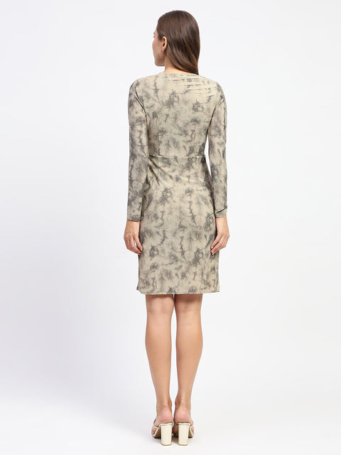 Madame Front Overlapping Printed Golden Bodycon Mesh Dress