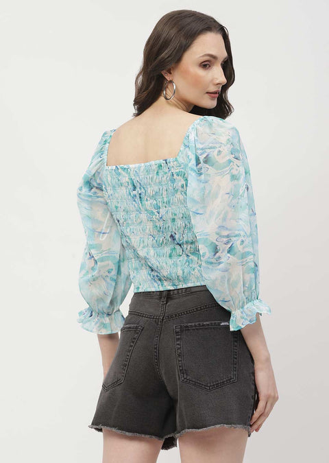Madame Poet Sleeve Mint Blue Smocked Crop Top