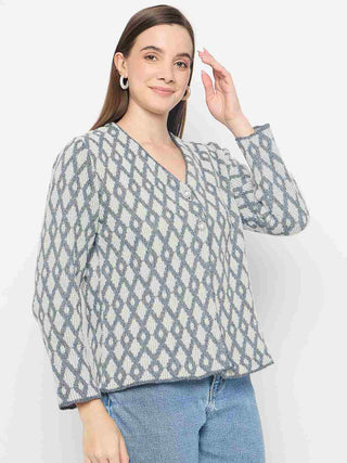 Madame Geometric Print Button Up Off White Cardigan