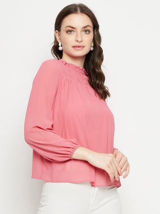 Madame Smocked Frill Neck Hot Pink Top