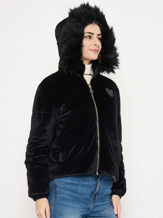 Madame Disney Printed Hooded Zip Up Black Jacket