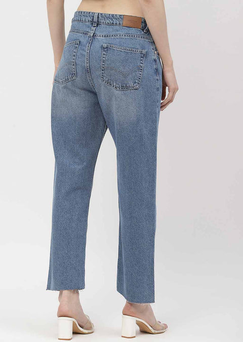 Madame Washed Mid Blue Distressed Hem Jeans