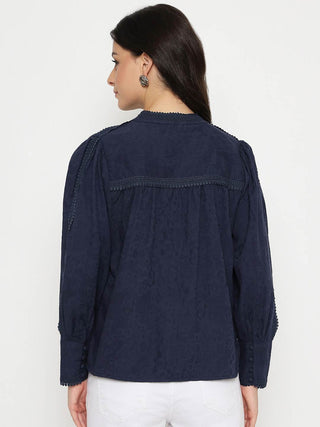 Madame Gathered Shoulders Navy Blue Cotton Top