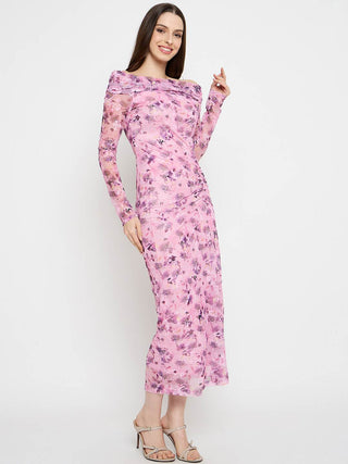 Madame Floral Print Off Shoulder Pink Maxi Dress