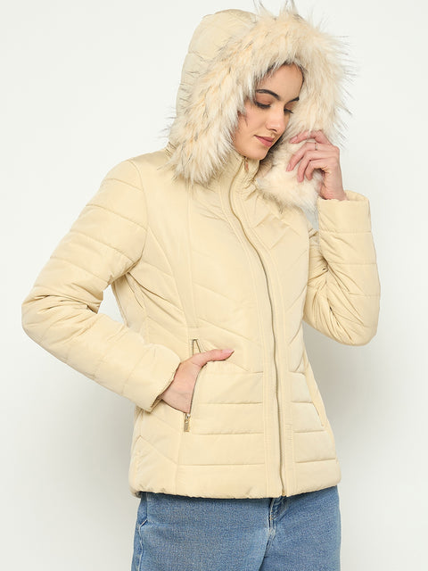 Madame Detachable Faux Fur Hood Beige Quilted Jacket