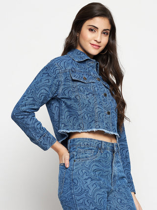 Madame Blue Printed Denim Crop Jacket