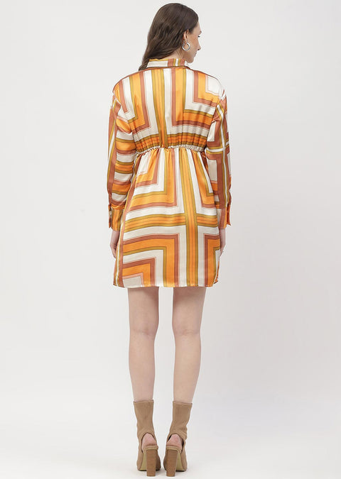 Madame Geometric Print Button Down Orange Mini Shirt Dress