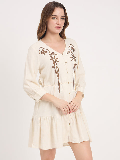 Madame Beige Embroidered Rayon Linen Puff Sleeve Midi Dress