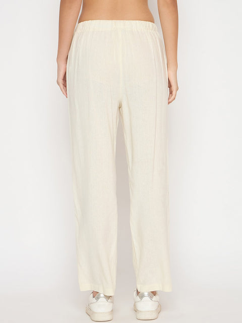 Madame Solid Rayon Blend Cream Straight Trousers