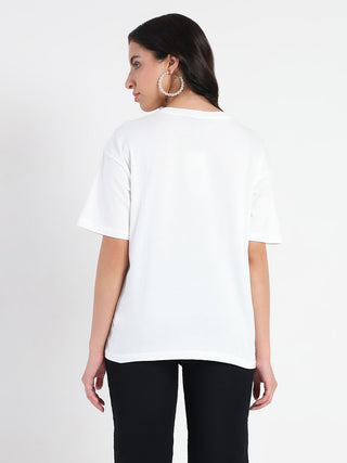 Madame Front Embellished Solid White Cotton T-shirt