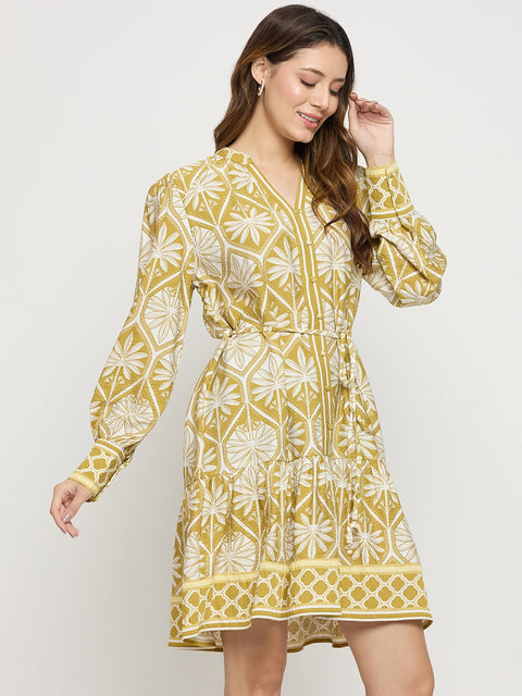 Madame Green Printed Rayon Mandarin Collar Midi Dress