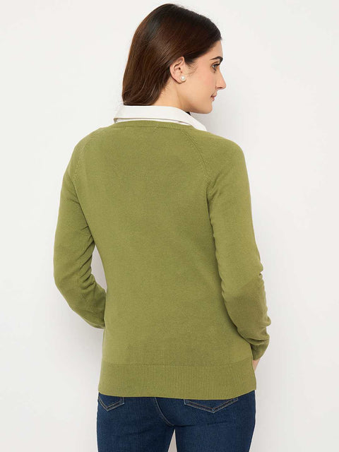 Madame V Neck Skinny Fit Olive Sweater