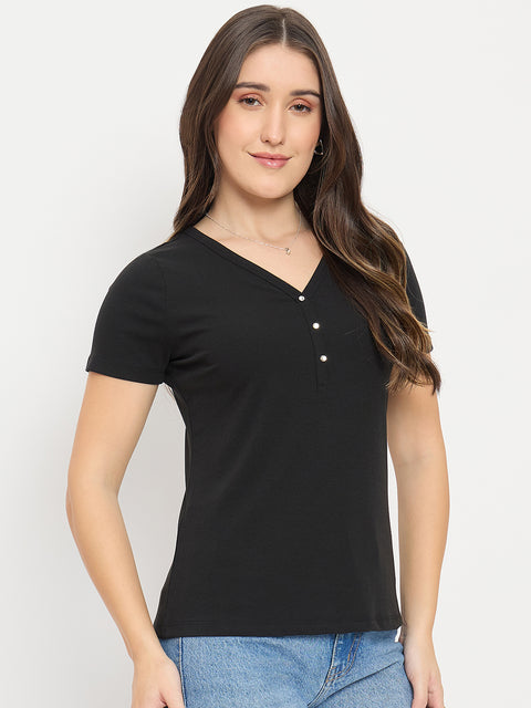 Madame Black V-Neck T-Shirt with Button Placket