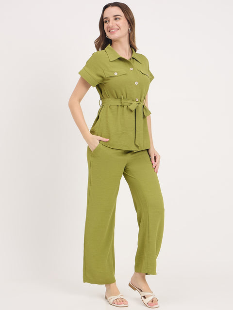 Madame Olive Rayon Fold-Up Sleeve Collared Co-ord Set