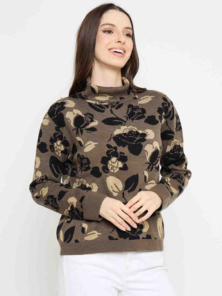 Madame Floral Print Turtleneck Olive Green Sweater