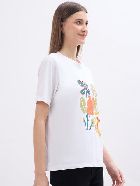 Madame Floral Print White Cotton T-Shirt