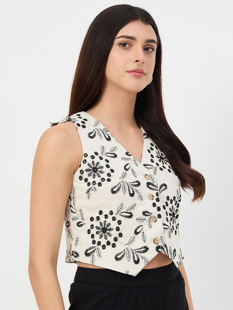Madame Beige Embroidered Linen-Blend Vest Top
