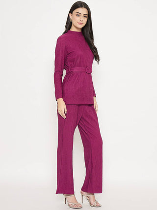 Madame Ribbed Belted Top and Bottom Plum Co-Ord Set