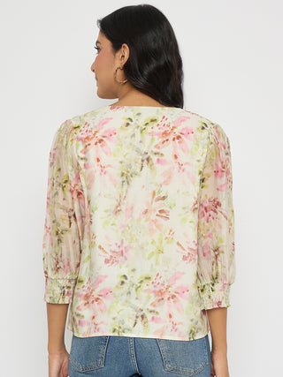 Madame Floral Print Ruffle Detail Cotton Green Peplum Top