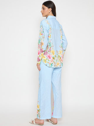 Madame Printed Shirt and Trousers Blue Cotton Co-ord Set