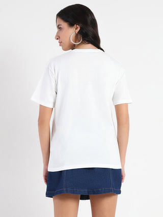 Madame Printed Embroidery Cutwork White Crop T-shirt