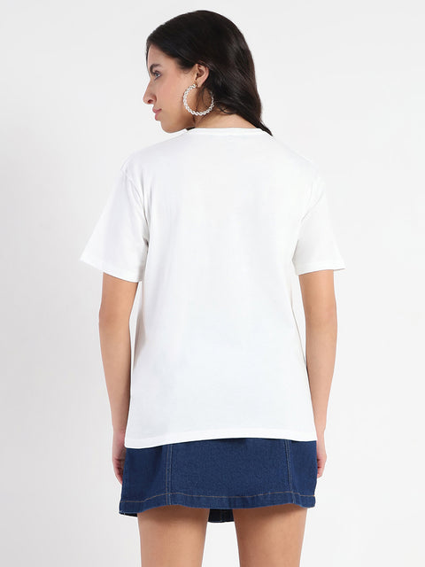 Madame Printed Embroidery Cutwork White Crop T-shirt