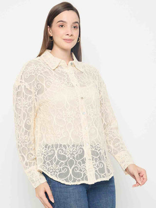 Madame Dori Embroidered Off White Cotton Shirt