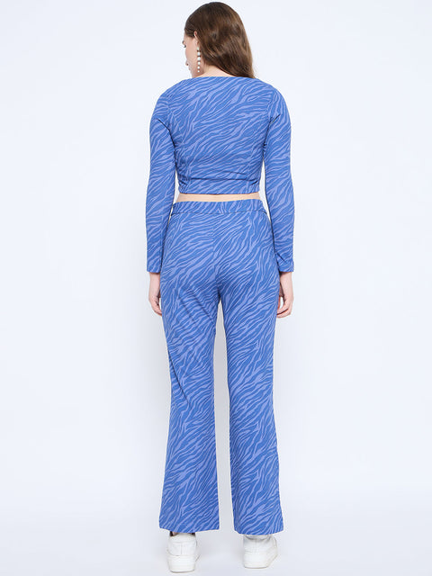 Madame Animal Print Zipped Top and Flared Bottom Blue Ensemble