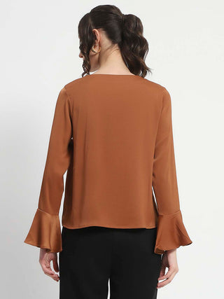 Madame Solid Golden Ruffle Sleeve Satin Top