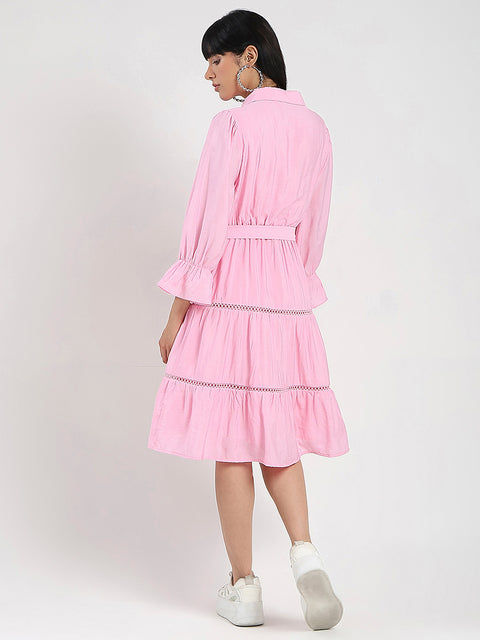 Madame Tiered Pink Rayon Blend Fit and Flare Mini Dress