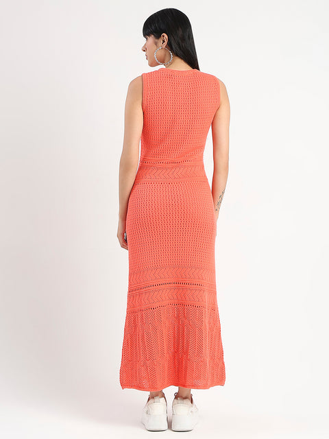 Madame Textured Panels Geometric Hem Coral Red Maxi Dress
